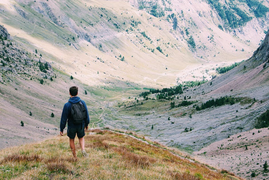 A lone hiker with a backpack explores a scenic mountain valley, surrounded by nature's beauty.