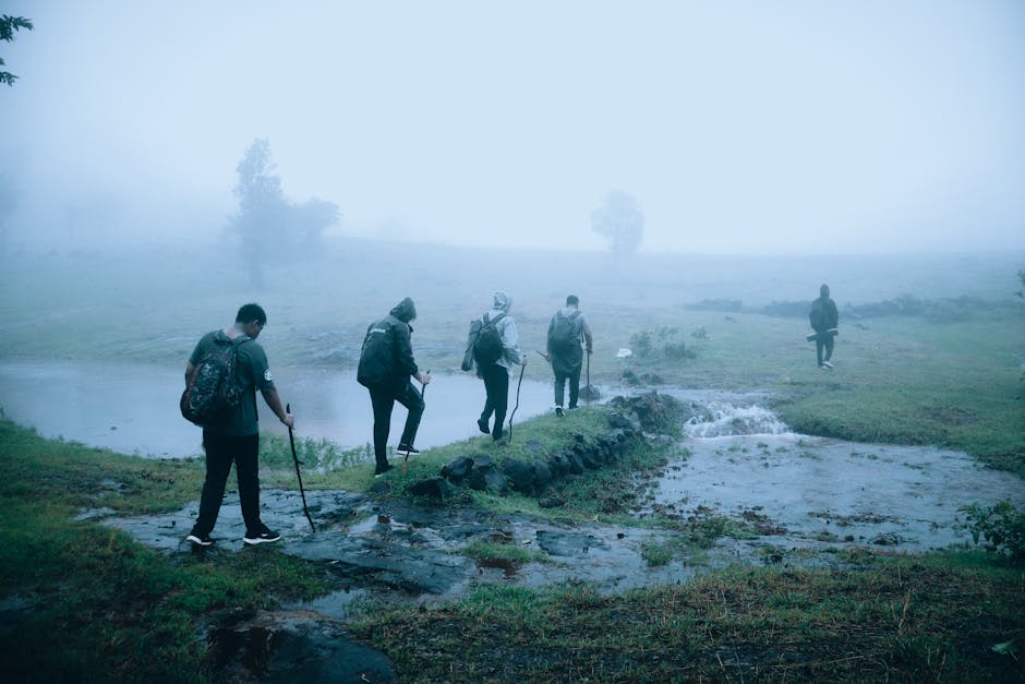 A group of hikers trekking through foggy countryside, creating a sense of adventure in misty weather.